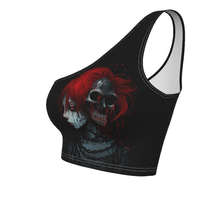 One-Shoulder Cropped Top Red Skull