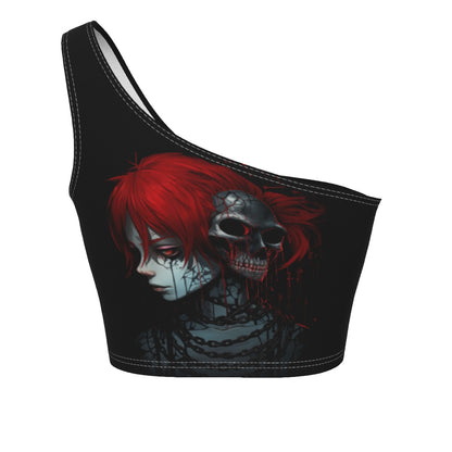 One-Shoulder Cropped Top Red Skull