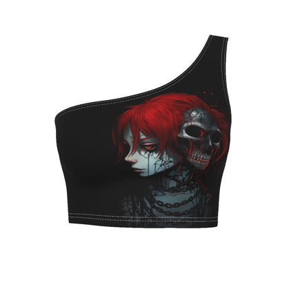 One-Shoulder Cropped Top Red Skull